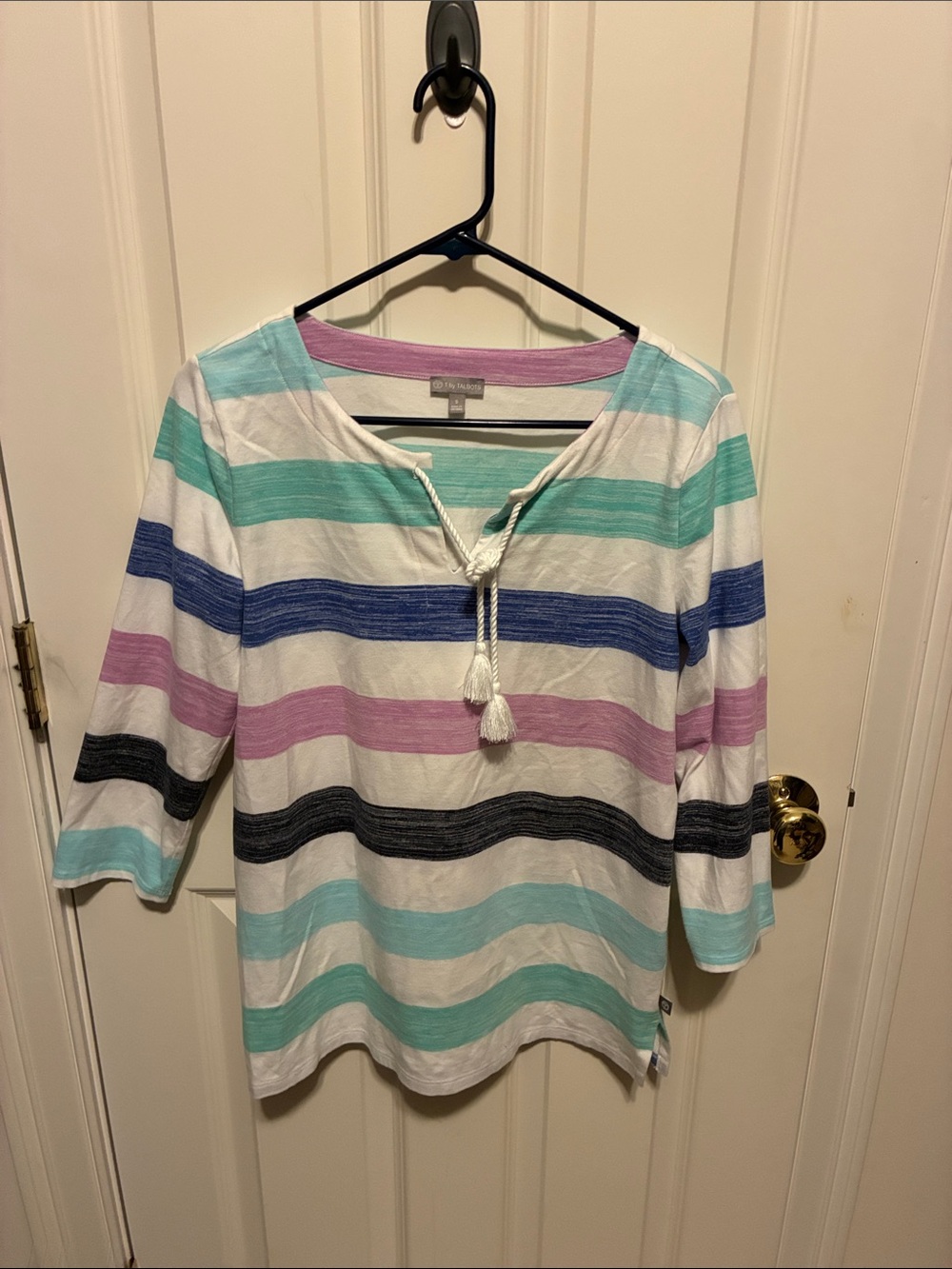 Talbots White Tunic with Mint, Blue, Lavender and Charcoal Stripes